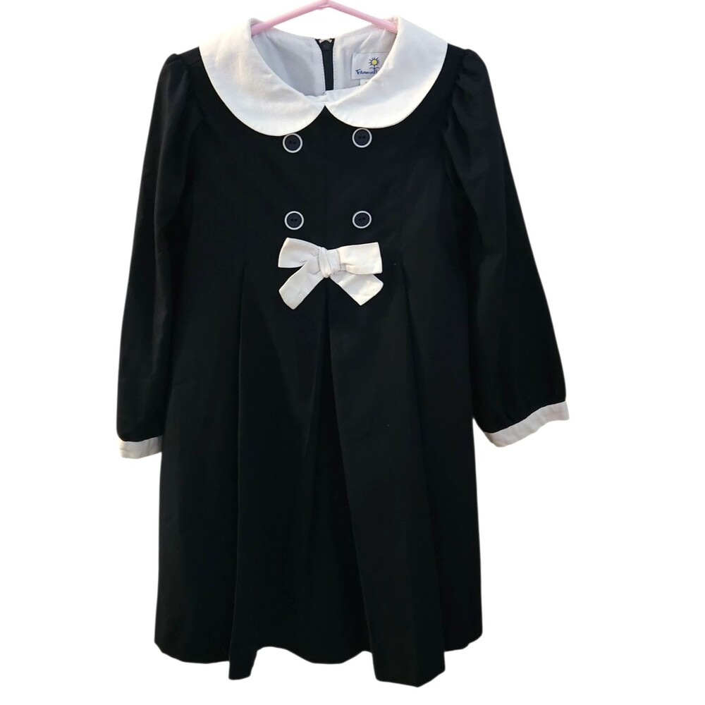 Vintage Florence Eiseman Dress Navy Blue Peter Pan Collar Buttons Girls Size 5